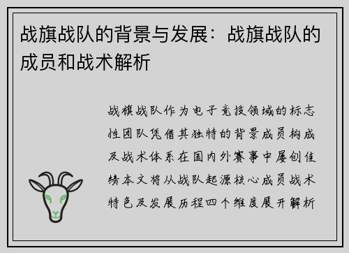 战旗战队的背景与发展：战旗战队的成员和战术解析