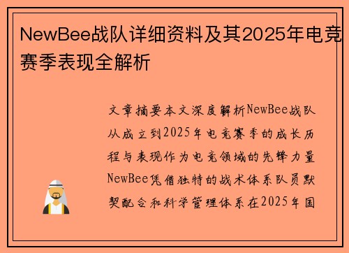 NewBee战队详细资料及其2025年电竞赛季表现全解析
