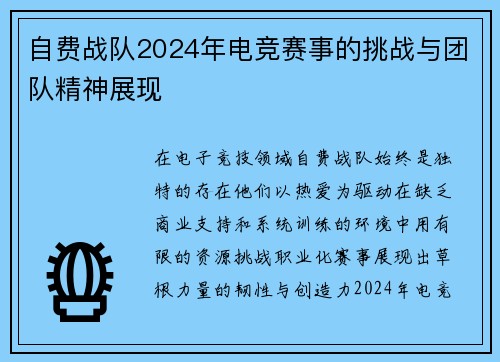 自费战队2024年电竞赛事的挑战与团队精神展现